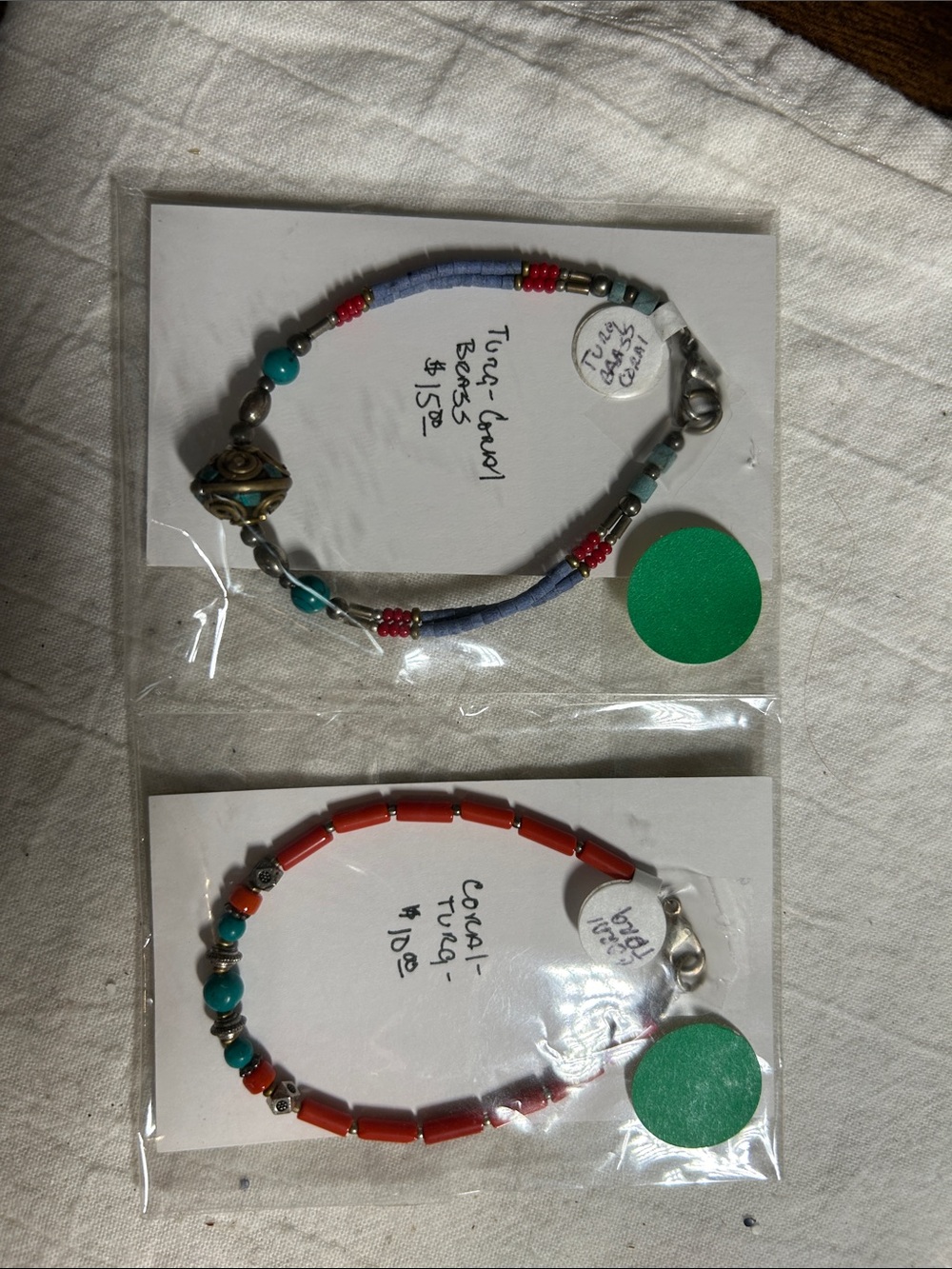 Handmade Turquoise & Coral Beaded Bracelets - Set of 2. 7 inches long
